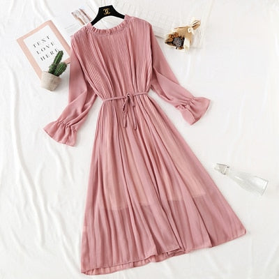 Casual Lotus Leaf Print Pleated with Flare Sleeve Dress