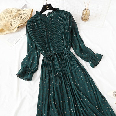 Casual Lotus Leaf Print Pleated with Flare Sleeve Dress