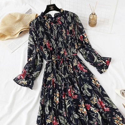 Casual Lotus Leaf Print Pleated with Flare Sleeve Dress