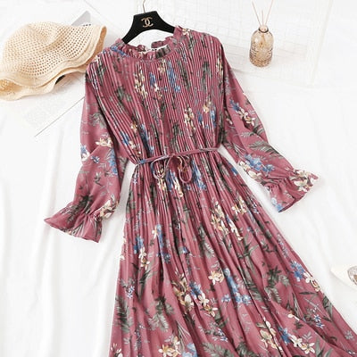 Casual Lotus Leaf Print Pleated with Flare Sleeve Dress