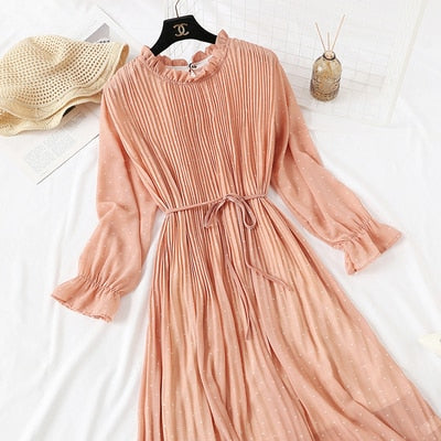 Casual Lotus Leaf Print Pleated with Flare Sleeve Dress