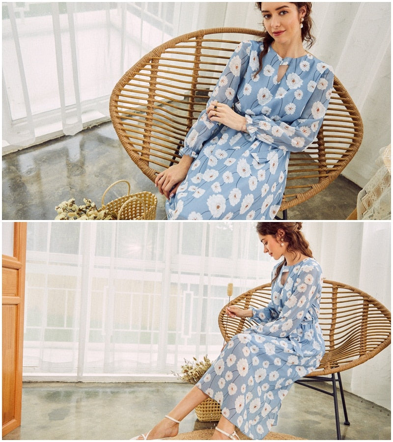 Casual Flare Sleeve With High Waist and Belt Long Dress