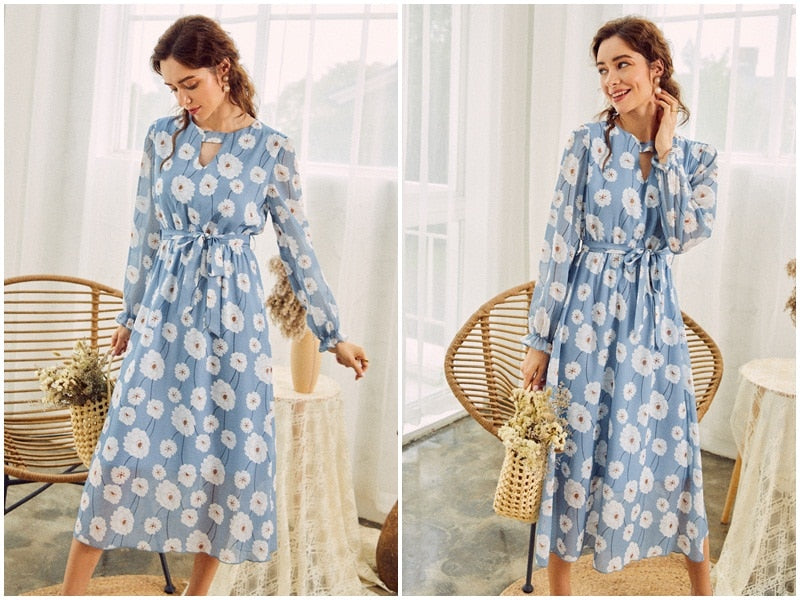 Casual Flare Sleeve With High Waist and Belt Long Dress