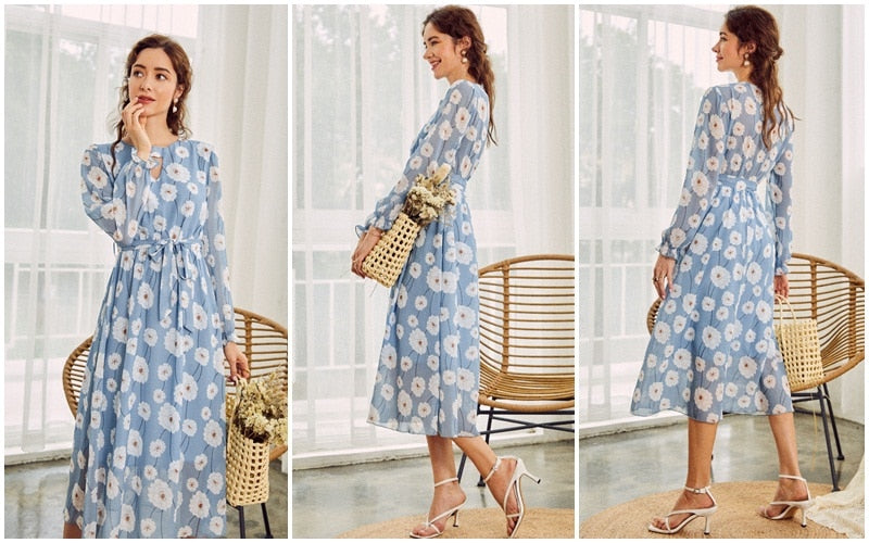 Casual Flare Sleeve With High Waist and Belt Long Dress