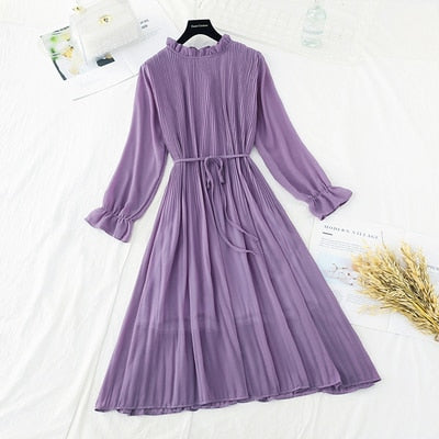 Casual Lotus Leaf Print Pleated with Flare Sleeve Dress