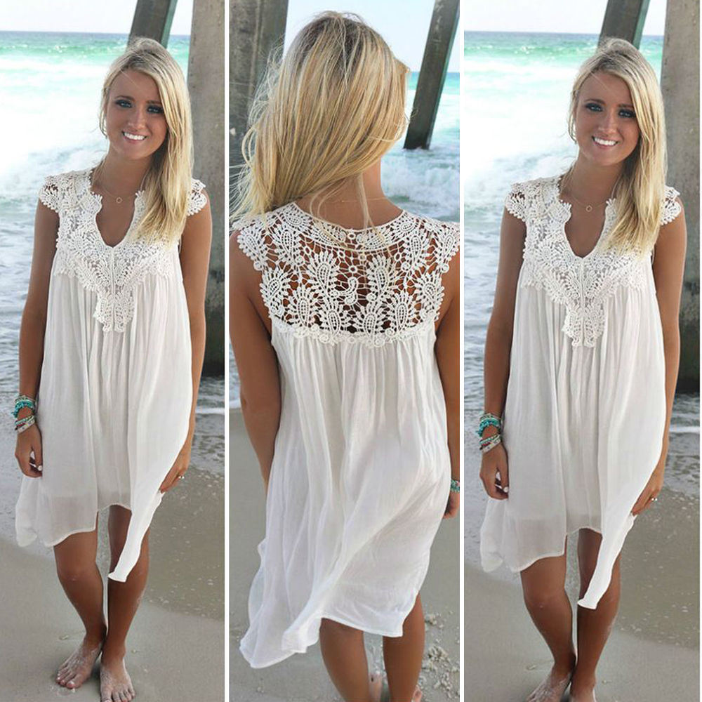 Casual sexy summer Loose beach lace dress and sleeveless Slim Chiffon