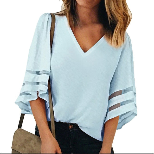 Casual Loose Mesh Flared Sleeves Blouse