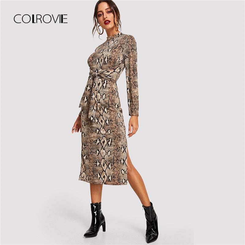 Casual Mock Snake Print Split Thigh Long Sleeve Dress