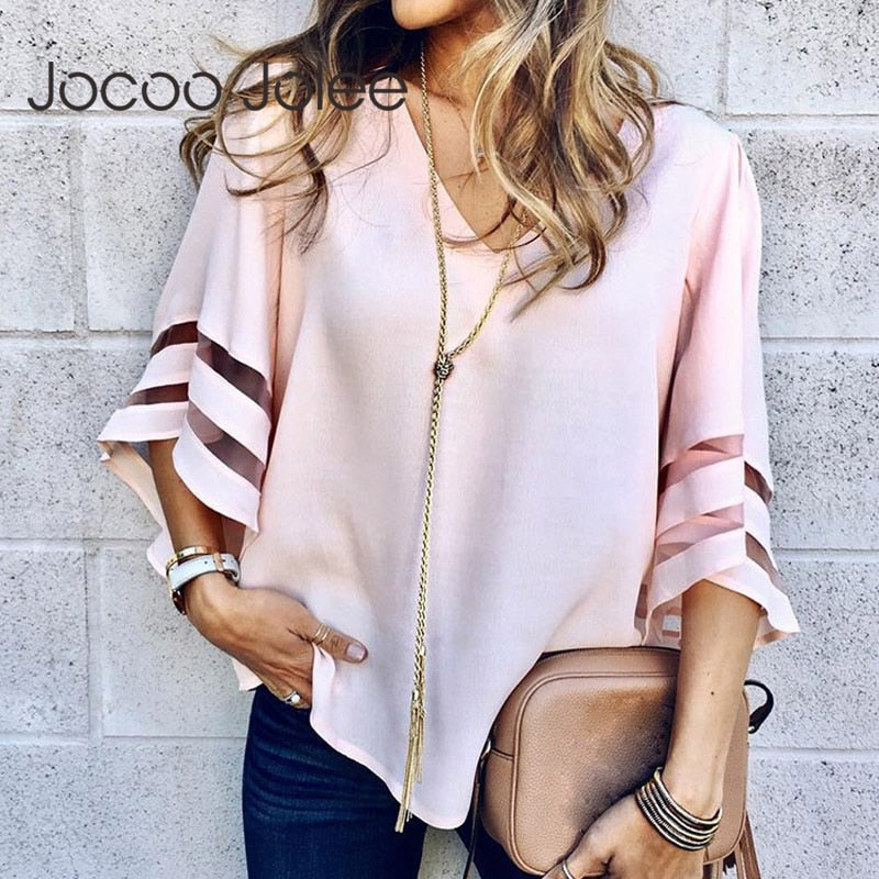 Casual Loose Mesh Flared Sleeves Blouse