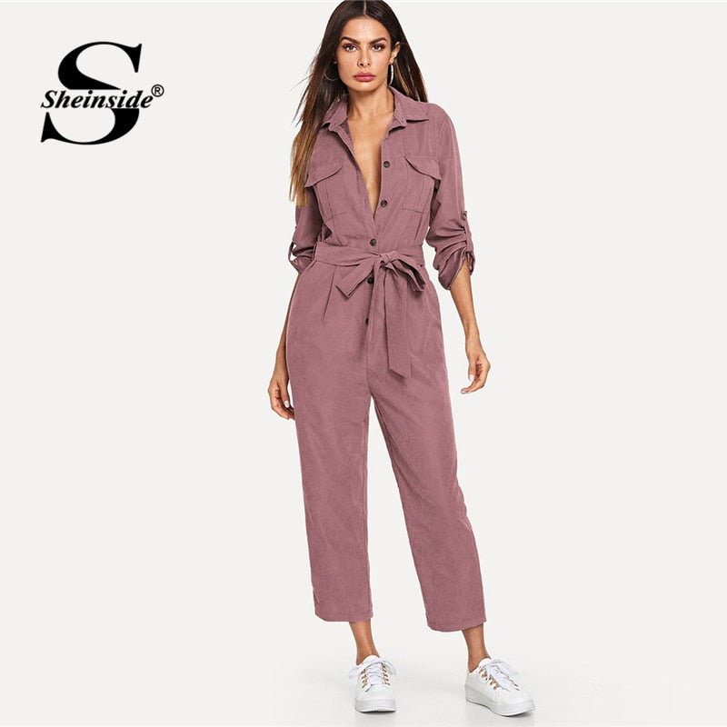 Casual Button Detail Shirt Roll Up Sleeve Belted Jumpsuit