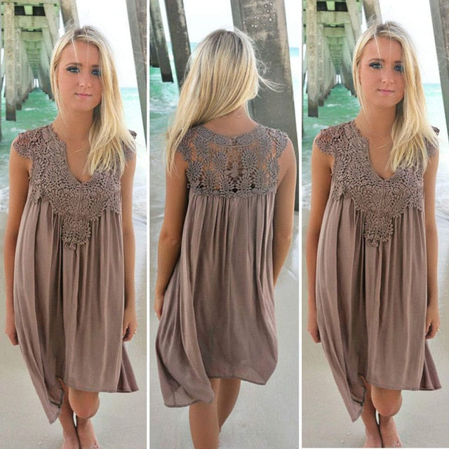 Casual sexy summer Loose beach lace dress and sleeveless Slim Chiffon
